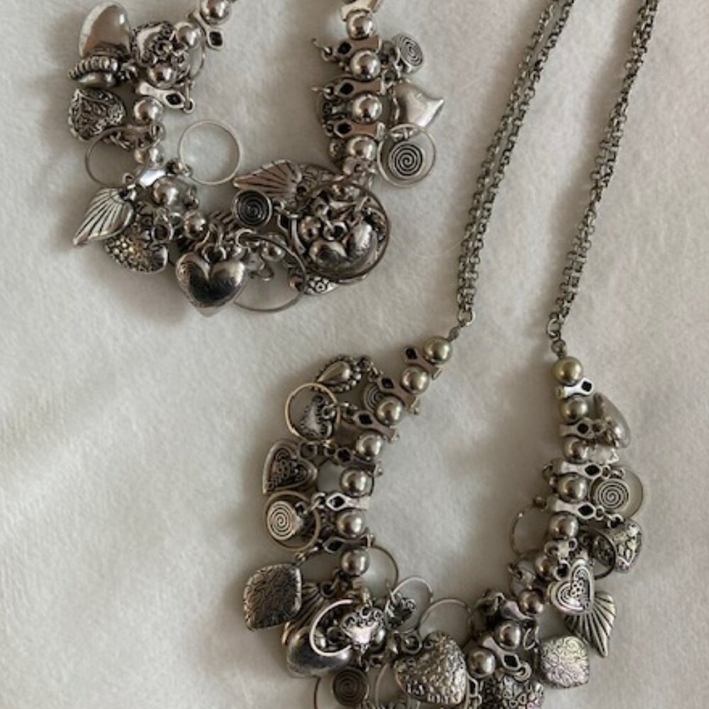Simply You Silver Tone Multi-Heart Charm Necklace & Bracelet Set